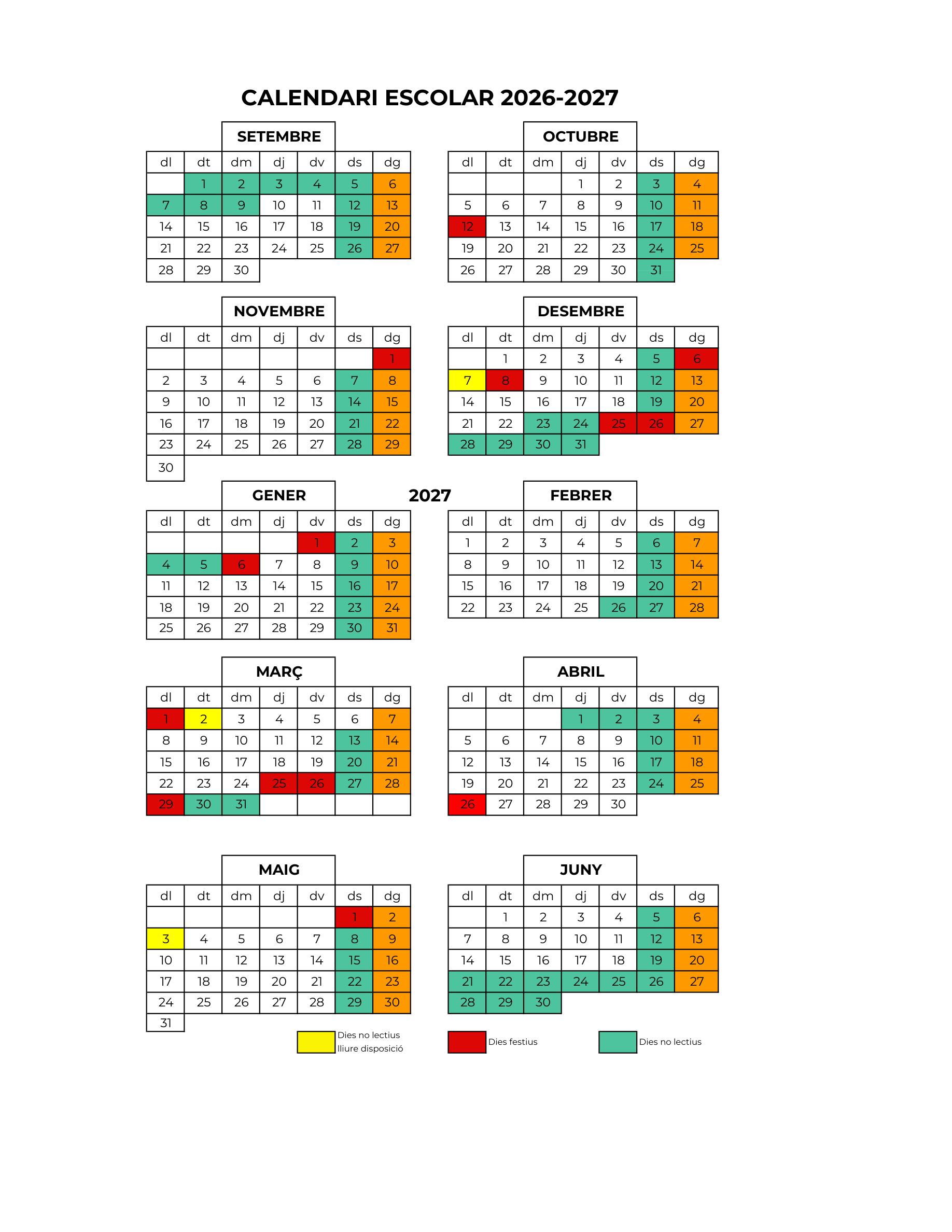 Calendari escolar 2026-2027 del Col·legi Ramon Llull